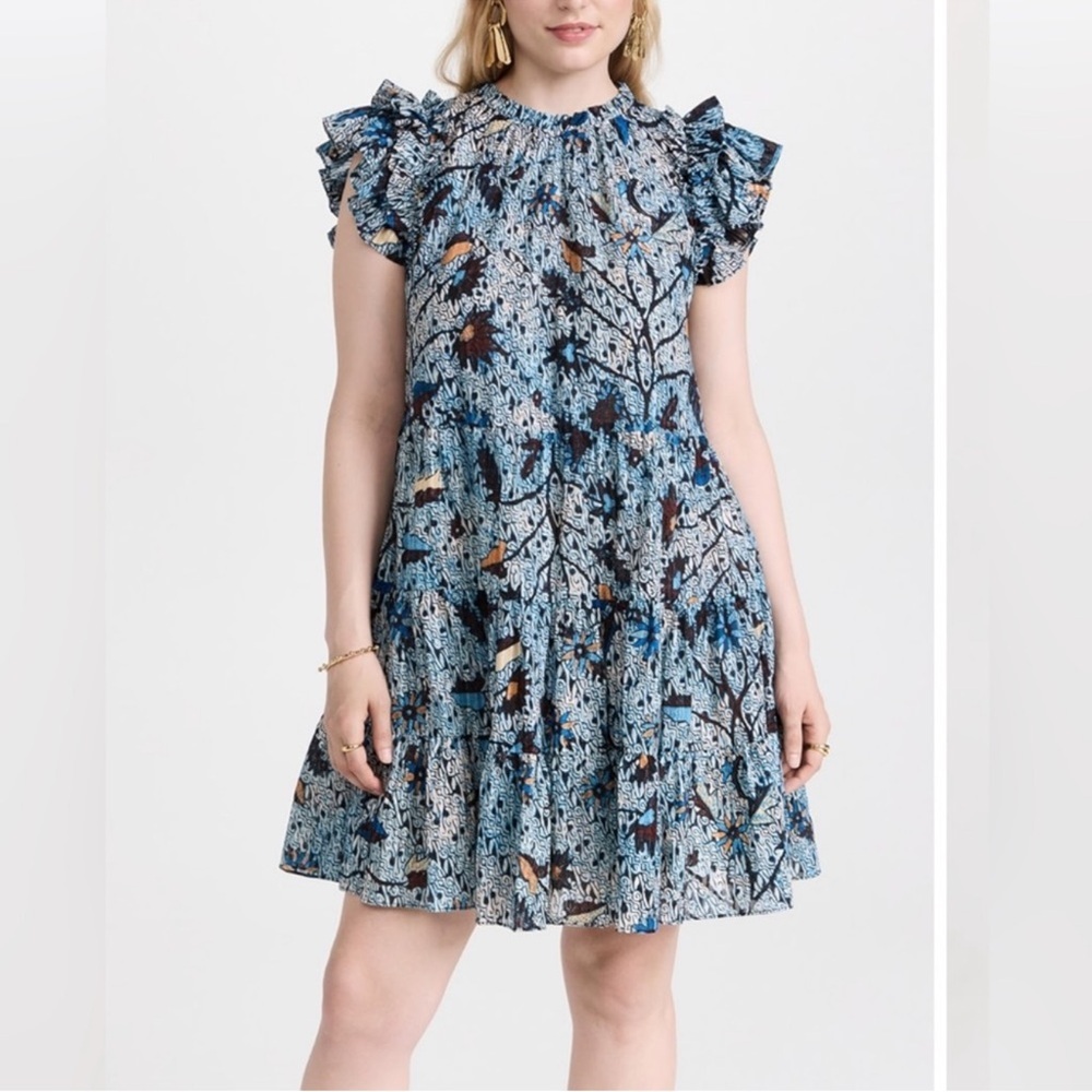 ULLA JOHNSON Denia Ruffle-Sleeve Tiered Mini Dress Sz 10 - Picture 2 of 13